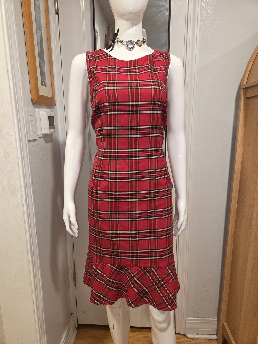 Talbots Elegant Red Plaid Sleeveless Ruffle-Hem Dress Sz 8P